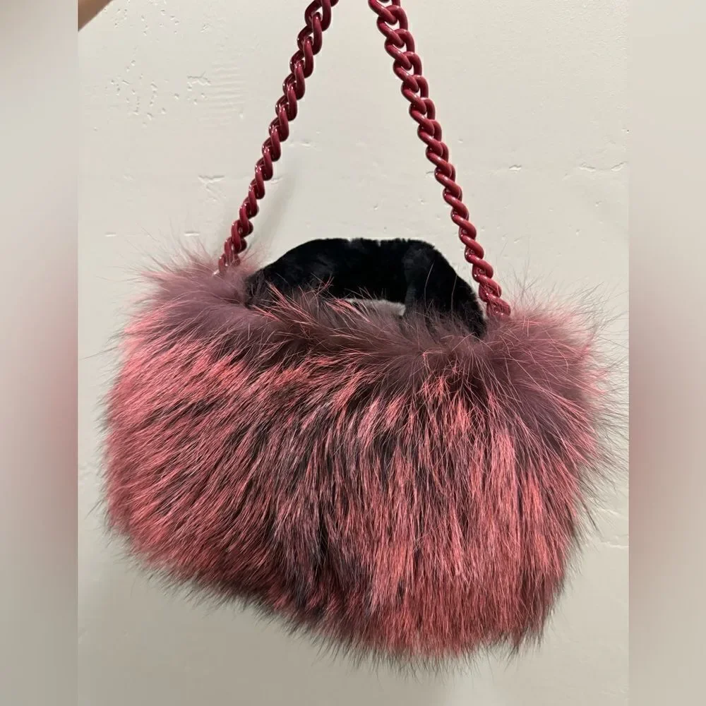 Maroon Handmade Dyed Real Fox Fur Bag With Fur Handle Includes 2 Strap Styles